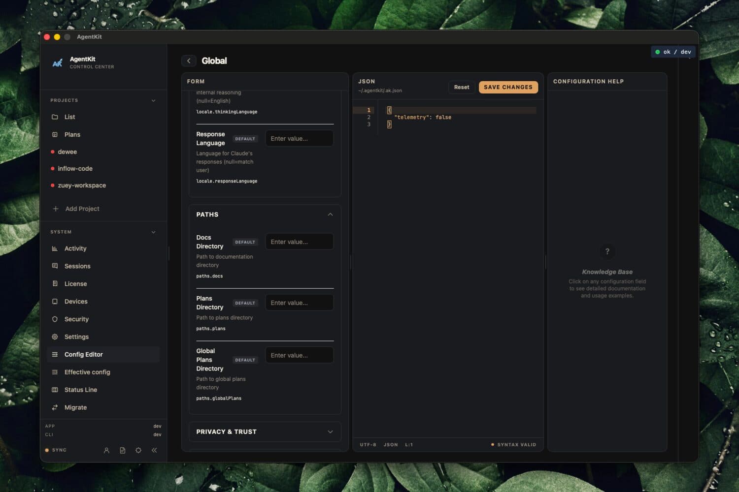 AgentKit Desktop App global config editor with JSON validation