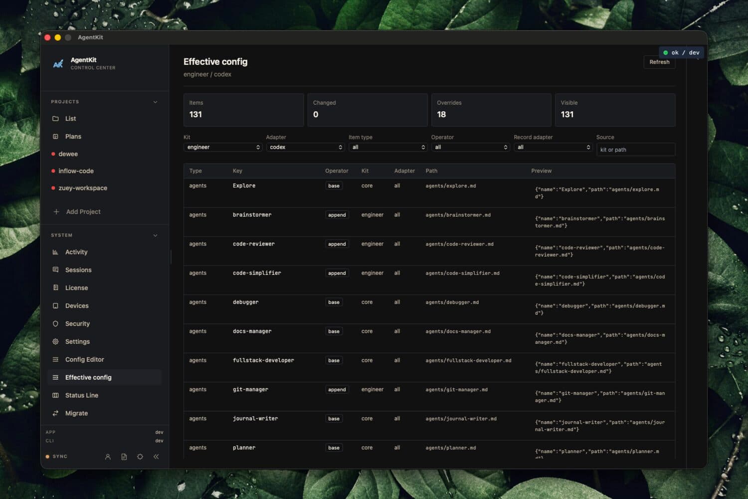 AgentKit Desktop App effective config inspector