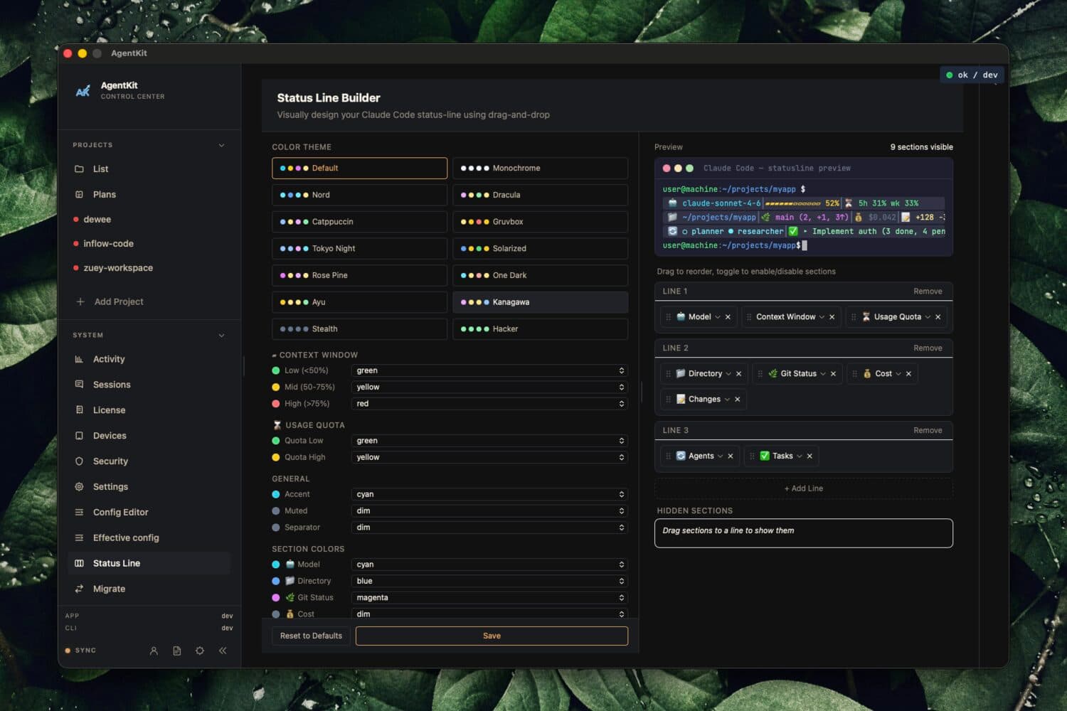 AgentKit Desktop App status line builder with live preview